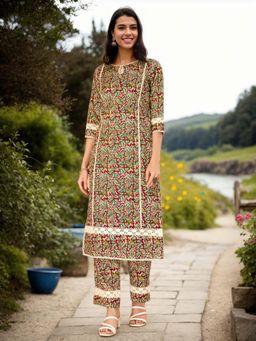 Gahan - Cotton Floral Printed with Cotton Lace Work Maroon Co-Ord (Set of 2)