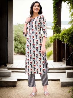 Gahan - Cotton Abstract Floral Printed Grey Kurta & Pant (Set of 2)