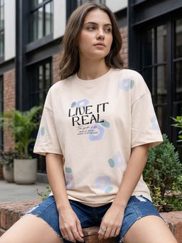 Bewakoof - Women's Beige Live It Real Graphic Printed Oversized T-Shirt
