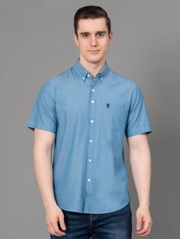 Red Tape - Steel Blue Solid Cotton Chambray Mens Half Sleeve Shirt