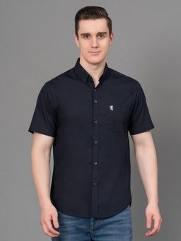 Red Tape - Navy Blue Solid Cotton Poplin Mens Half Sleeve Shirt