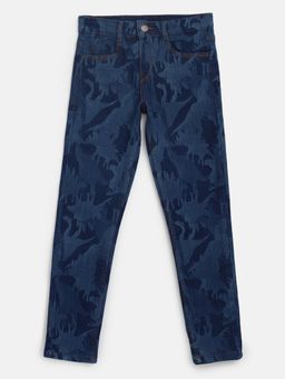 Tales & Stories - Boys Dark Blue Cotton Blend Printed Slim Fit Jeans