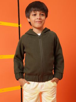 Tales & Stories - Boys Olive Lycra Solid Hoodie Jacket