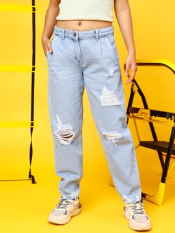 Tales & Stories - Girls Light Blue Mom fit Cotton Washed Jeans