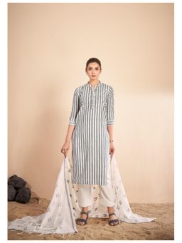 KAFTANIZE - Yarn Grey Stripe Mirror Work Embroidered Kurta Pant with Dupatta (Set of 3)