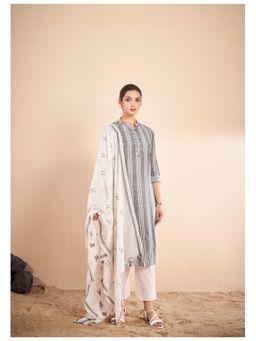KAFTANIZE - Yarn Grey Stripe Mirror Work Embroidered Kurta Pant with Dupatta (Set of 3)