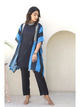 KAFTANIZE - Blue Solid Muslin Printed Kurta with Front Shrug and Pant (Set of 3)