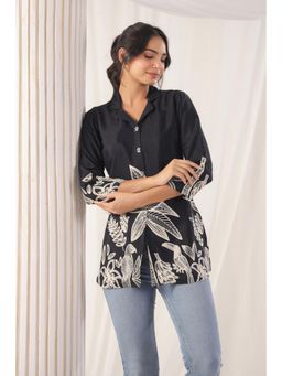 KAFTANIZE - Black Floral Bird Print Russian Silk Tunic