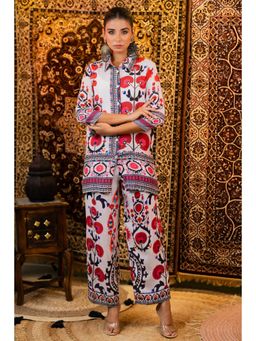 KAFTANIZE - White Multi Block Printed Floral Shirt Style Muslin Printed Co-Ord (Set of 2)