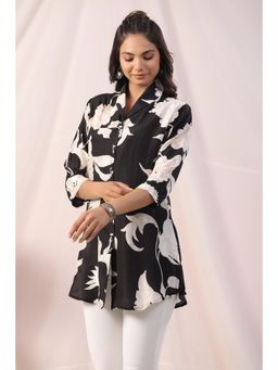 KAFTANIZE - Black Floral Bird Print Motif Placket Russian Silk Tunic