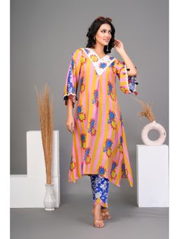 KAFTANIZE - Yellow Floral Printed Muslin Kurta and Pant (Set of 2)