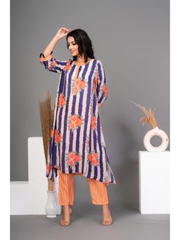 KAFTANIZE - Beige Navy Blue Floral Printed Muslin Kurta and Pant (Set of 2)