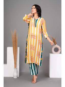 KAFTANIZE - Yellow Stripe Floral Printed Muslin Kurta and Pant (Set of 2)