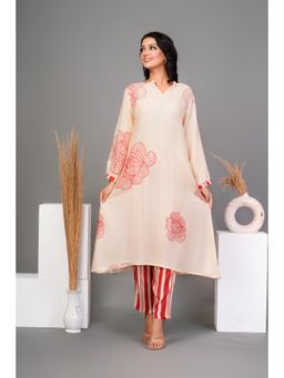 KAFTANIZE - Cream Red Floral Printed Muslin Kurta and Pant (Set of 2)