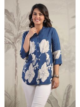 KAFTANIZE - Teal Blue Russian Silk Floral Printed Tunic