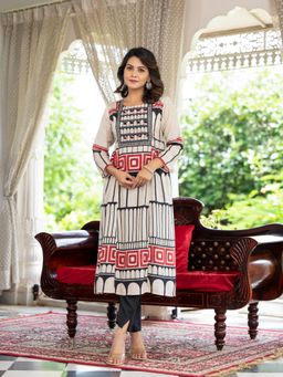 KAFTANIZE - Beige Harmony Black and Red Printed with Tassel Muslin Anarkali with Pant (Set of 2)