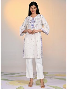 Lakshita - Ivory with Blue Printed Cotton Linen Kurta for Women