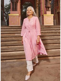 Lakshita - Pink Embroidered Crinkled Viscose Georgette Designer Kurta for Women