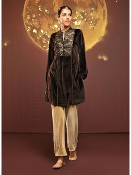 Lakshita - Coffee Brown Embroidered Velvet Kurta for Women