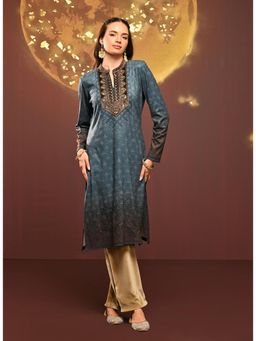 Lakshita - Teal Blue Printed Brushed Fleece Long Kurta for Women