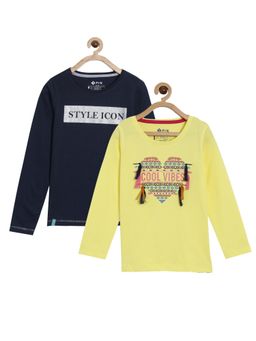 3PIN - Printed Full Sleeve T-shirt For Girls Navy & Yellow (Pack of 2)