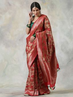 WeaverStory - Handloom Pure Katan Silk Banarasi Saree With Unstitched Blouse