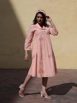 CUSTARD - Peach Cotton Textured Handblocked Painted Dress