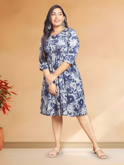 CUSTARD - Curve Indigo Cotton Floral Gathered Midi Dress