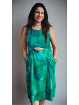 CUSTARD - Green Women Cotton A-Line Western Dress (L)