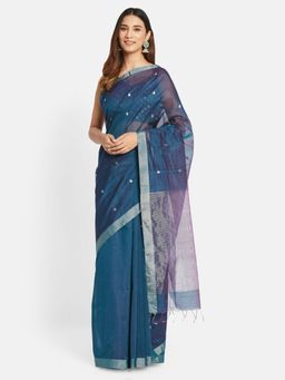 Fabindia - Teal Cotton Silk Chanderi Woven Saree without Blouse