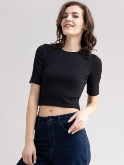 FableStreet - Black Cotton Crew Neck Crop Tee