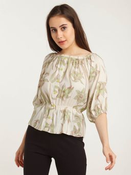 Zink London - Women Beige Botanical Off Shoulder Top