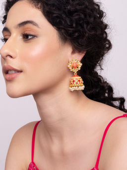 Indya - Gold Orange Meenakari Jhumka Earrings