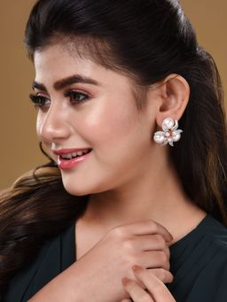 Saraf RS Jewellery - Rose Gold Plated White AD and Pearl Studded Big Studs Earrings