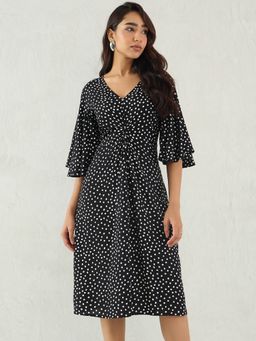 Femmella - Black Polka Dot Front Knotted Dress