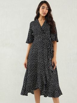 Femmella - Black Polka Dot Wrap Midi Dress