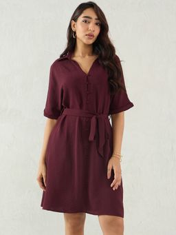 Femmella - Wine Button Down Dress with Belt