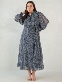 Femmella - Navy Blue Floral Printed Placket Detail Dress with Belt