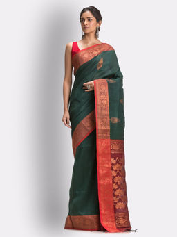 Angoshobha - Deep Green Handloom Traditional Tangail Linen Saree with Unstitched Blouse