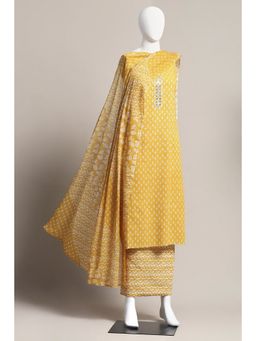 Biba - Women Mustard Cotton Blend Unstitched Kurta with Bottom and Dupatta (Set of 3)