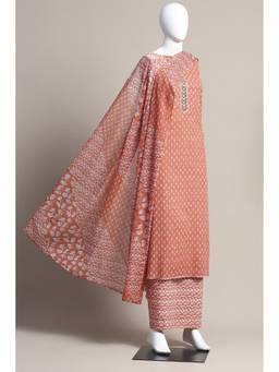 Biba - Women Orange Cotton Blend Unstitched Kurta with Bottom and Dupatta (Set of 3)