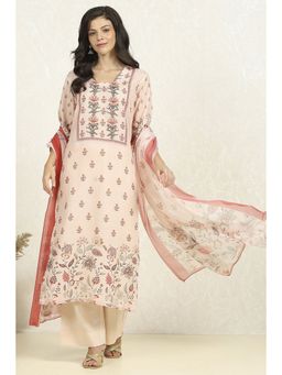 Biba - Women Cream Cotton Unstitched Kurta with Bottom and Dupatta (Set of 3)