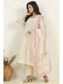 Biba - Women Off White Chanderi Unstitched Kurta with Bottom and Dupatta (Set of 3)