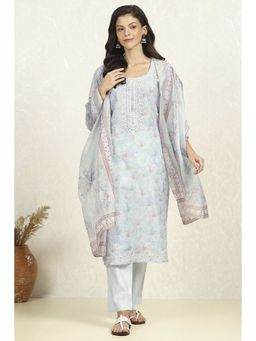 Biba - Women Sea Blue Chanderi Unstitched Kurta with Bottom and Dupatta (Set of 3)