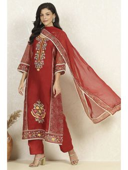 Biba - Women Red Chanderi Unstitched Kurta with Bottom and Dupatta (Set of 3)