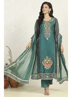 Biba - Women Teal Chanderi Unstitched Kurta with Bottom and Dupatta (Set of 3)