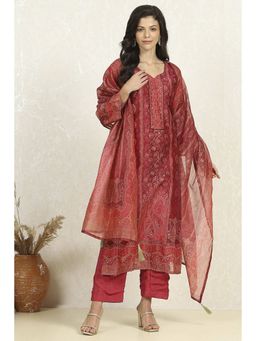 Biba - Women Red Chanderi Unstitched Kurta with Bottom and Dupatta (Set of 3)