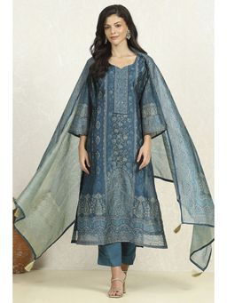 Biba - Women Blue Chanderi Unstitched Kurta with Bottom and Dupatta (Set of 3)