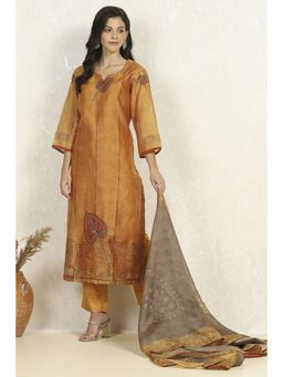 Biba - Women Mustard Chanderi Unstitched Kurta with Bottom and Dupatta (Set of 3)