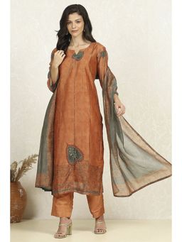 Biba - Women Rust Chanderi Unstitched Kurta with Bottom and Dupatta (Set of 3)
